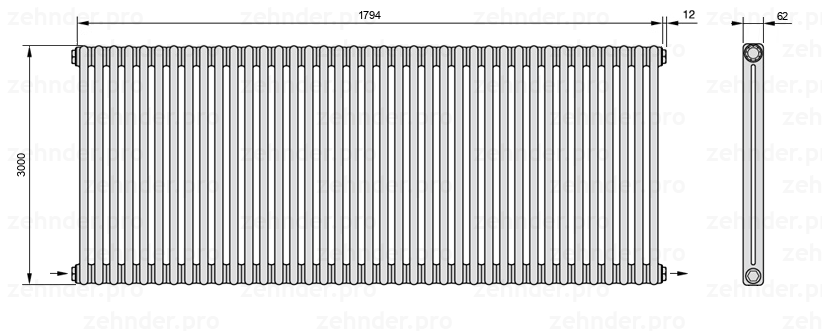 Схема (чертеж) Радиатор Zehnder Charleston 2300/39 №2670 Белый глянцевый RAL 9016